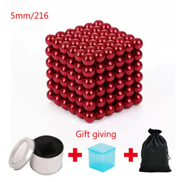 Red magnetic metal balls in a 5mm cube set of 216 pieces, with a storage tin, gift box, and pouch included.