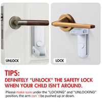 Safety Door Lever Lock shown in locked and unlocked positions on two different door handles. Ensures child safety and prevents unauthorized access.