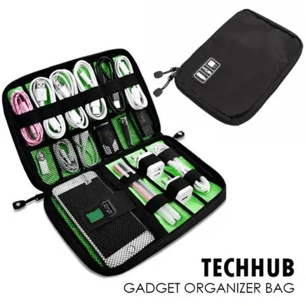 Open black gadget organizer bag showcasing compartments for cables, chargers, and accessories with a compact design.