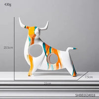 White and orange Modern Art Graffiti Cow Figurine with abstract patterns, measuring 21cm x 20.5cm x 7.5cm for decor.