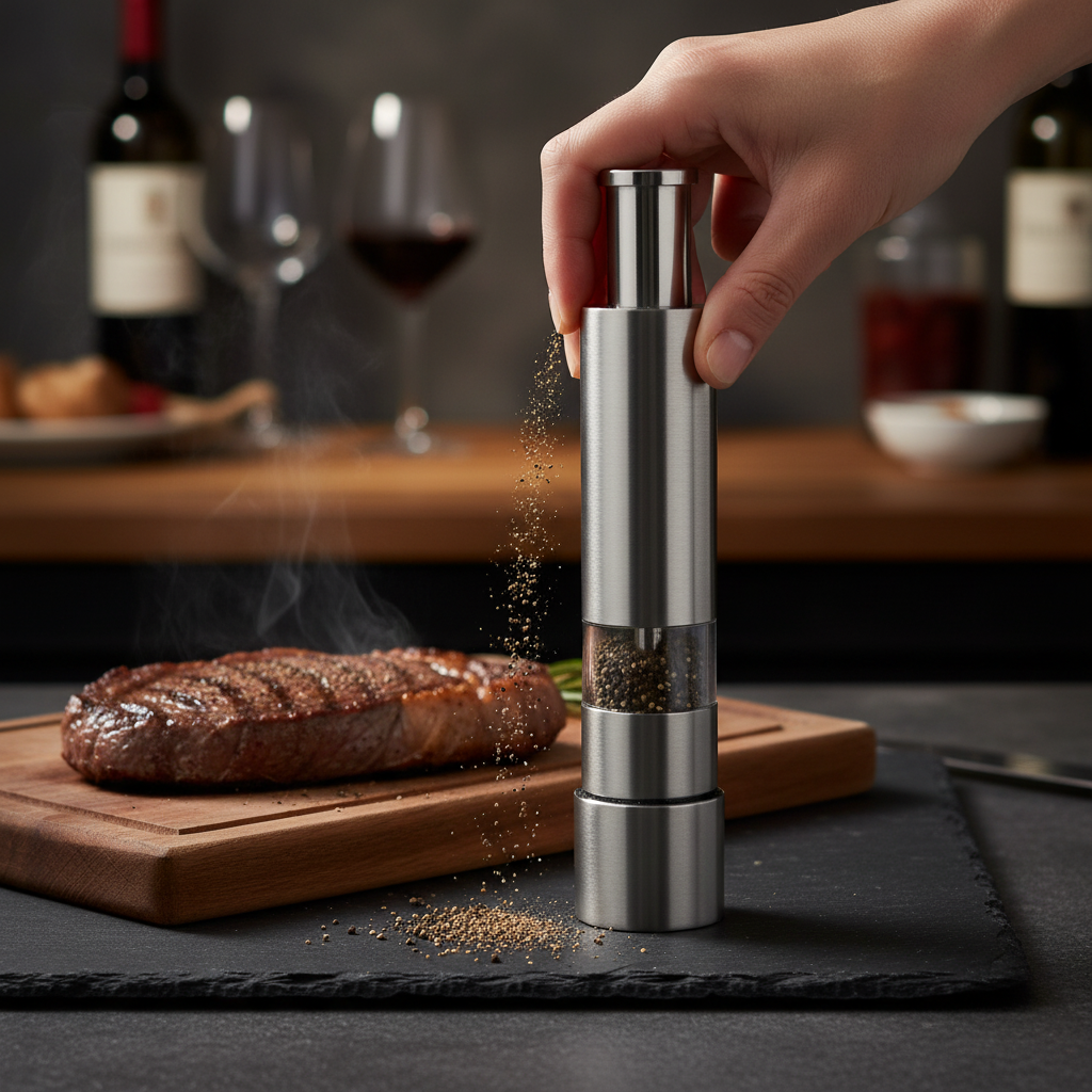 Pump grinder over sizzling steak, moody kitchen lighting