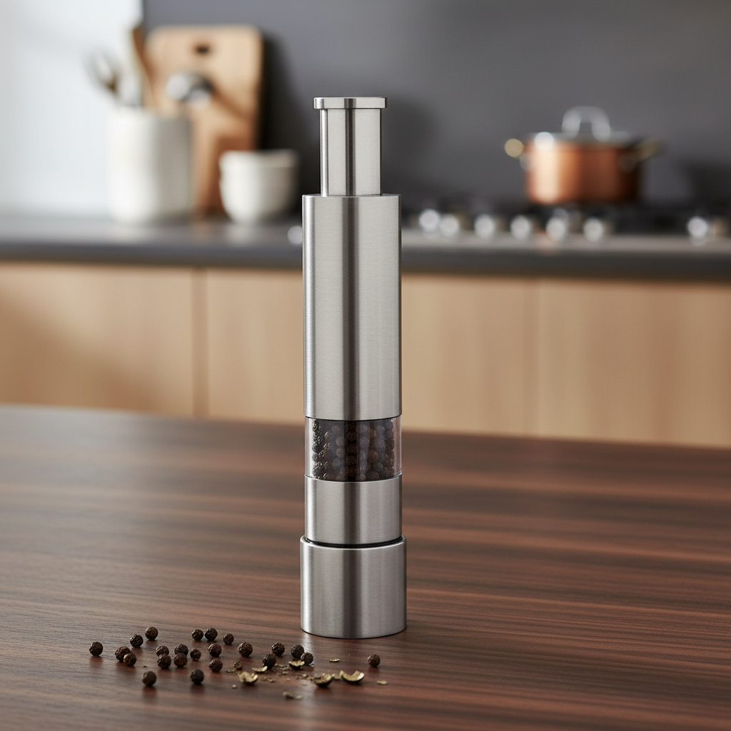 Stainless steel pump grinder on dark walnut countertop with peppercorns