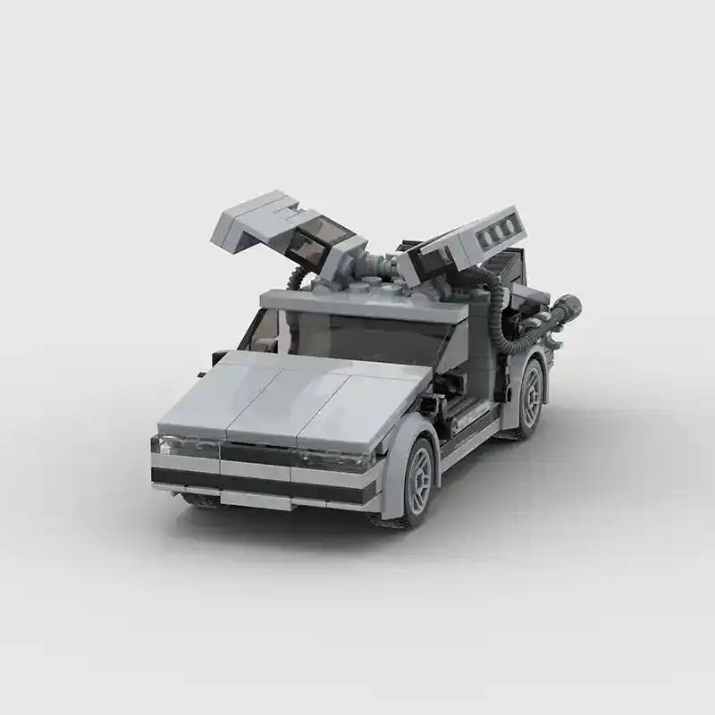 Delorean Classic Building Blocks highlighting a front view of the gray car model with precision detailing and opening doors.