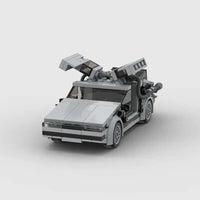 Delorean Classic Building Blocks highlighting a front view of the gray car model with precision detailing and opening doors.