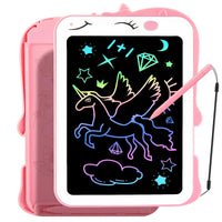 Multi-functional LCD writing tablet for kids ages 2-8, unicorn-themed, eco-friendly and mess-free, ideal for creative learning and drawing.
