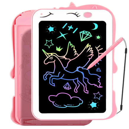 Multi-functional LCD writing tablet for kids ages 2-8, unicorn-themed, eco-friendly and mess-free, ideal for creative learning and drawing.