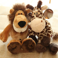 Lion and giraffe plush toys side by side, showcasing soft textures and playful designs for baby and toddler use.