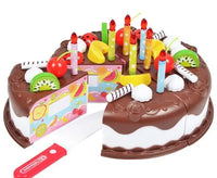 Chocolate-themed cake toy for kids with detachable slices, fruit decorations, and candles for imaginative play.