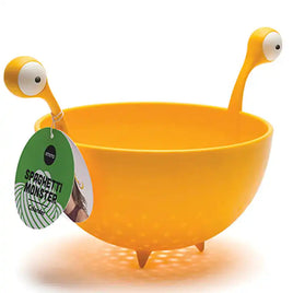 OTOTO Draining Basket for Kitchen shaped like a yellow spaghetti monster with eye stalk handles, made of durable plastic for fun kitchen use.
