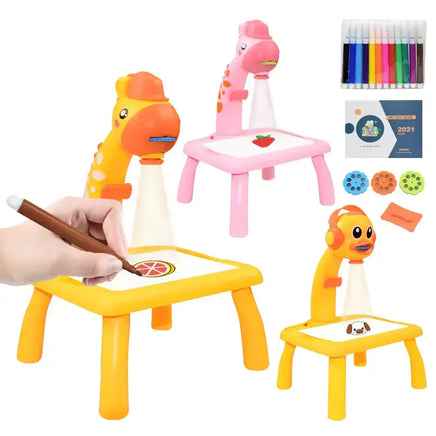 Kids Mini Art Table Set with a hand drawing on a yellow giraffe projector table, including markers, stencil discs, and an art booklet.