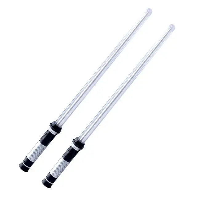 Set of two silver and black lightsaber toys with clear blades, perfect for children’s interactive battles.