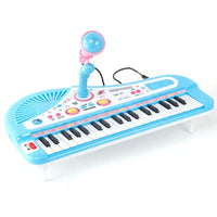 Blue 37-key electronic piano toy for kids featuring a flexible microphone and durable ABS build, perfect for musical play and