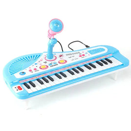 Blue 37-key electronic piano toy for kids featuring a flexible microphone and durable ABS build, perfect for musical play and learning.
