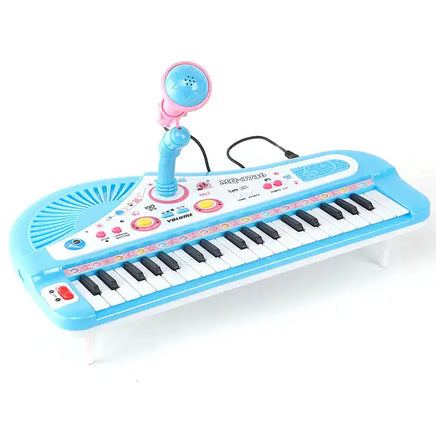Blue 37-key electronic piano toy for kids featuring a flexible microphone and durable ABS build, perfect for musical play and