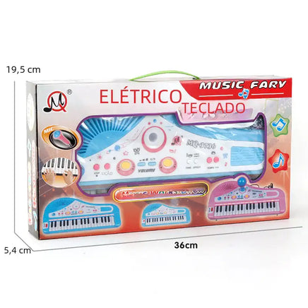 Retail packaging of 37-key electronic piano toy for kids with microphone, showing product dimensions and colorful design for 