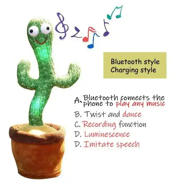 Glowing dancing cactus toy with Bluetooth connectivity, showcasing its ability to play music, twist, record, glow, and imitate speech.