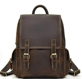 Dark brown Crazy Horse leather men's retro backpack with buckle straps and side pockets, ideal for vintage-style travel or daily use.