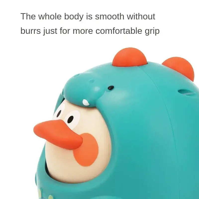 Close-up of blue Montessori baby tumbler toy with smooth edges and duck face, ensuring a comfortable grip for babies.