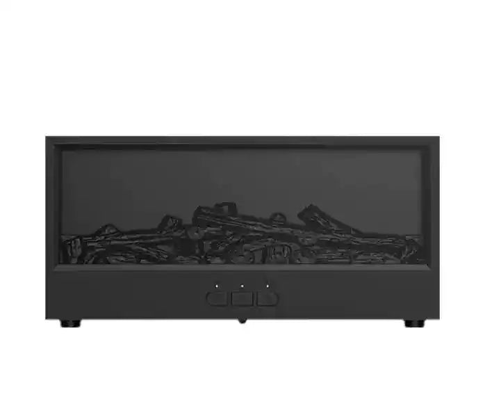Modern electric fireplace heater with realistic log design for home ambiance and warmth. Sleek black frame complements any in