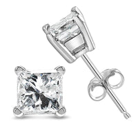 Close-up of 14K white gold princess cut lab-grown diamond stud earrings with a durable four-prong setting and secure posts.