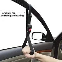 Vehicle handle installed on a car window frame, providing a secure handrail for easy boarding and exiting. Adjustable strap for customized fit.