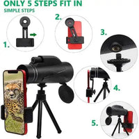 Step-by-step guide to attaching the Telescope for Smartphones to a phone, showing tripod setup and smartphone mount for enhanced zoom functionality.