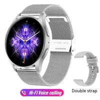 Silver mesh strap smartwatch with a double strap option, showcasing Bluetooth calling and a vibrant purple watch face.