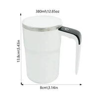 Self-Stirring Electric Coffee Mug with 380ml capacity, dimensions of 13.8cm height and 8cm diameter, featuring a sleek design.