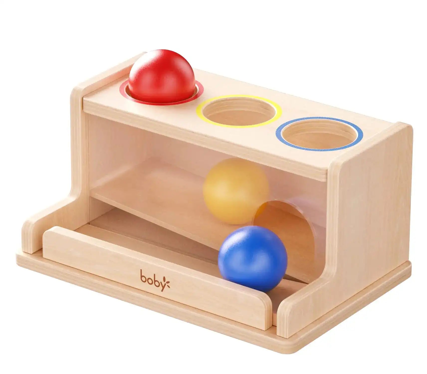 Montessori Toys Object Permanence Box for Toddlers with three colored balls and matching holes, designed to build motor skills and sensory learning.