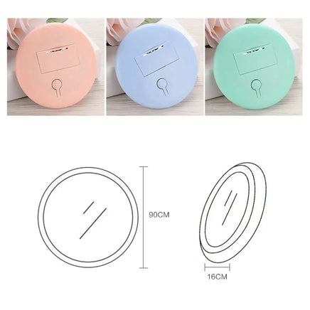 Dimensions and back view of the Pocket LED Makeup Mirror in pastel pink, blue, and green, showcasing its compact and portable size.