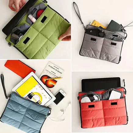 GO GO Gadget Pouch in use, demonstrating its organizing capabilities with gadgets, accessories, and daily essentials in various compartments.