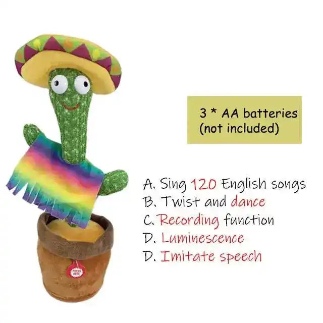 Dancing cactus toy with a rainbow poncho, showcasing its singing, twisting, recording, glowing, and speech imitation features, powered by 3 AA batteries.
