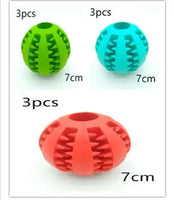 Three interactive rubber slow feeder dog balls in green, red, and blue, each measuring 7cm, ideal for treat dispensing.