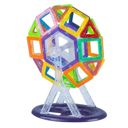 Mini Magnet Toys Building Blocks creating a colorful Ferris wheel design, emphasizing creativity and magnetic construction.