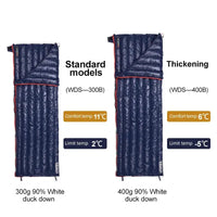 Comparison of standard and thickened portable sleeping bags, highlighting warmth levels and duck down filling. Ideal for different outdoor conditions.