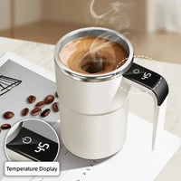 Self-Stirring Electric Coffee Mug with temperature display, steaming coffee, and swirling motion for effortless mixing.