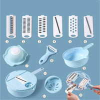 Set of blue kitchen tools including slicers, peelers, and strainers, showcasing 11 multifunctional components for food preparation.