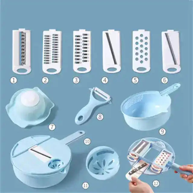 Blue kitchen tool set with 11 multifunctional components including slicers, peelers, and strainers for versatile food prepara