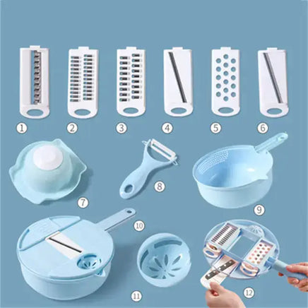 Blue kitchen tool set with 11 multifunctional components including slicers, peelers, and strainers for versatile food preparation.