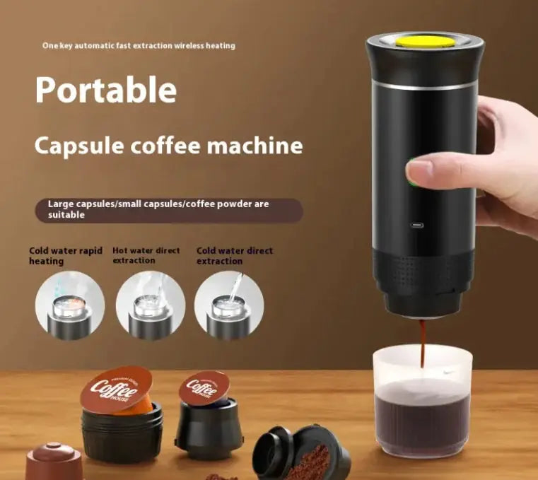 Portable capsule coffee machine in black, demonstrating compatibility with coffee capsules and powder, featuring hot and cold water extraction.