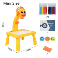 Mini-sized Kids Art Table Set with a yellow duck projector, markers, stencil discs, and an art booklet for creative learning.