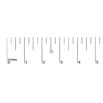 Size comparison of 14K white gold princess cut diamond stud earrings against a ruler, showcasing their compact and elegant design.