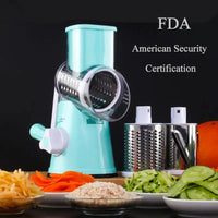 Blue vegetable cutter kitchen gadget with FDA certification, featuring interchangeable blades and fresh sliced vegetables on display.