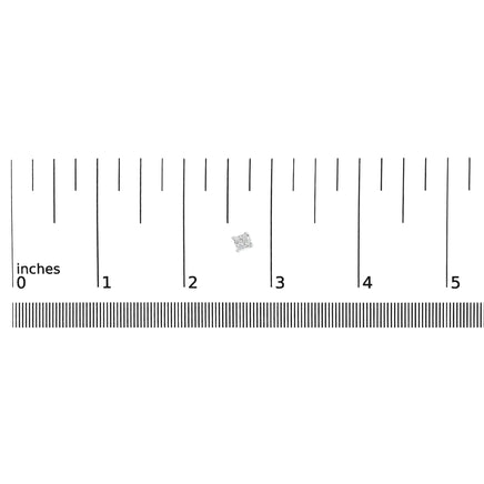 Size reference of 14K white gold princess cut diamond stud earrings shown next to a ruler, ideal for visualizing their compact dimensions.