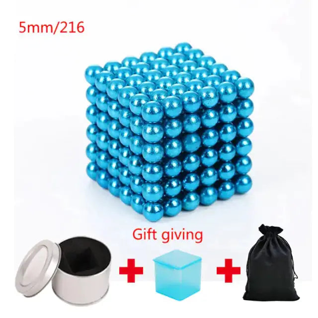 Light blue magnetic metal balls in a 5mm cube set of 216 pieces, with a storage tin, gift box, and pouch included.