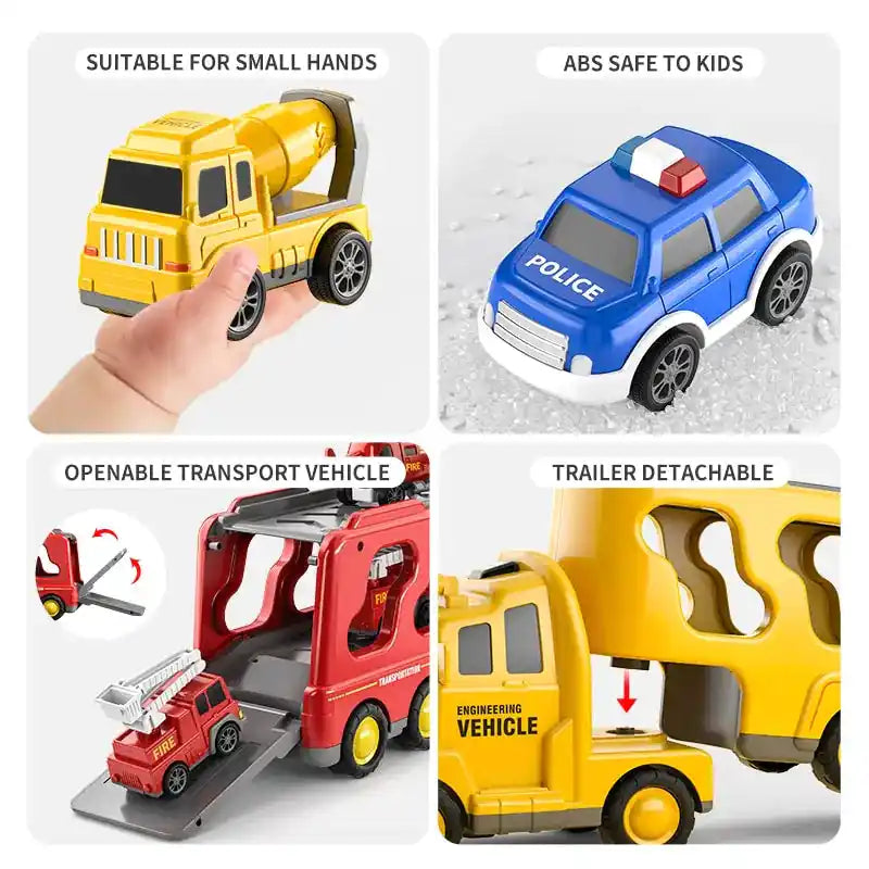 Features of transport truck toys, including detachable trailer, openable transport vehicle, and ABS safe material for kids.