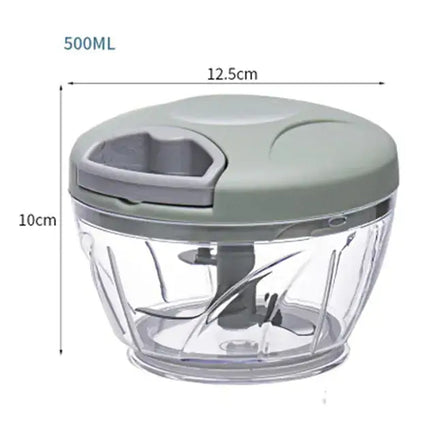 500ml manual food chopper with a green lid and sharp blades, ideal for chopping vegetables and fruits efficiently.