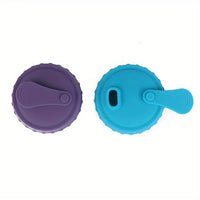 Comparison of purple and blue silicone can lids showing open and closed flip-top positions. Durable and reusable for drink sealing.