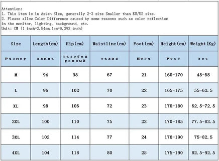 Size chart for Crossfit Track Sweatpants, showing measurements in centimeters for length, hip, waistline, foot, height, and weight.