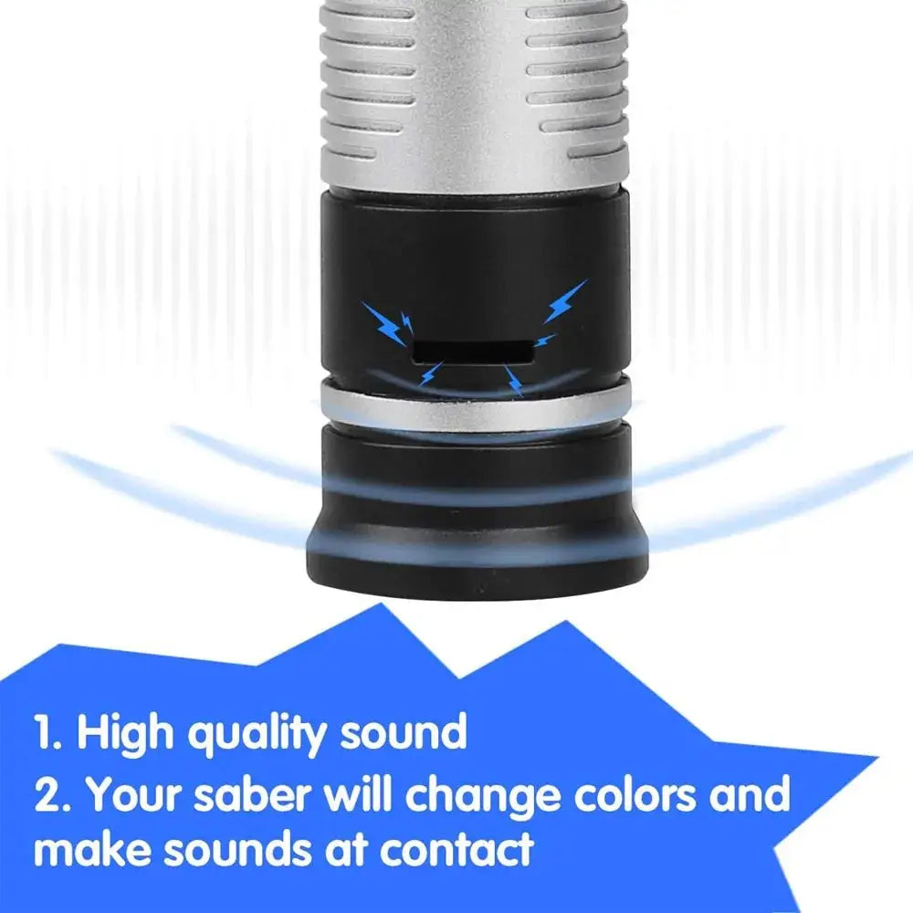 Close-up of lightsaber hilt with sound and color-changing features, enhancing interactive play for children.